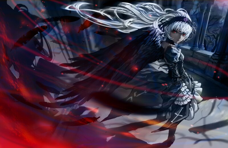 angel with black wings in dark castle