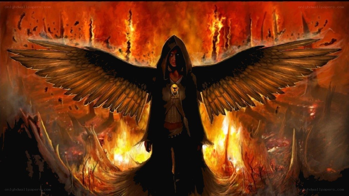 angel with black wings in fire