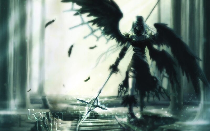 angel with black wings in forest