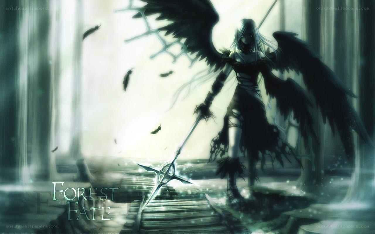 Angel with black wings in forest