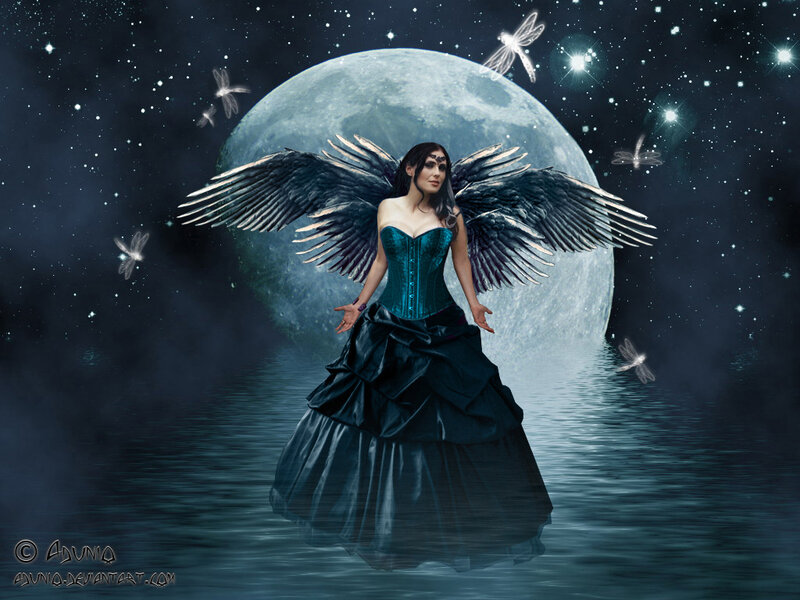 angel with black wings in moonlight