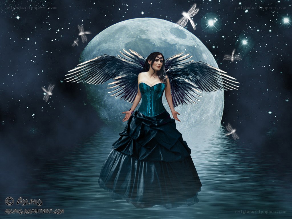angel with black wings in moonlight