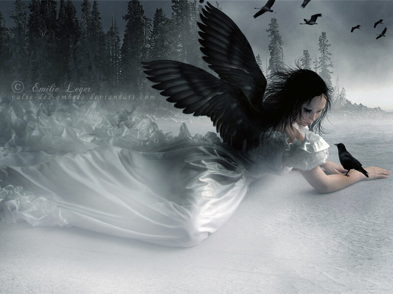 angel with black wings in snow
