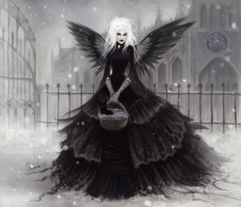 angel with black wings in snow