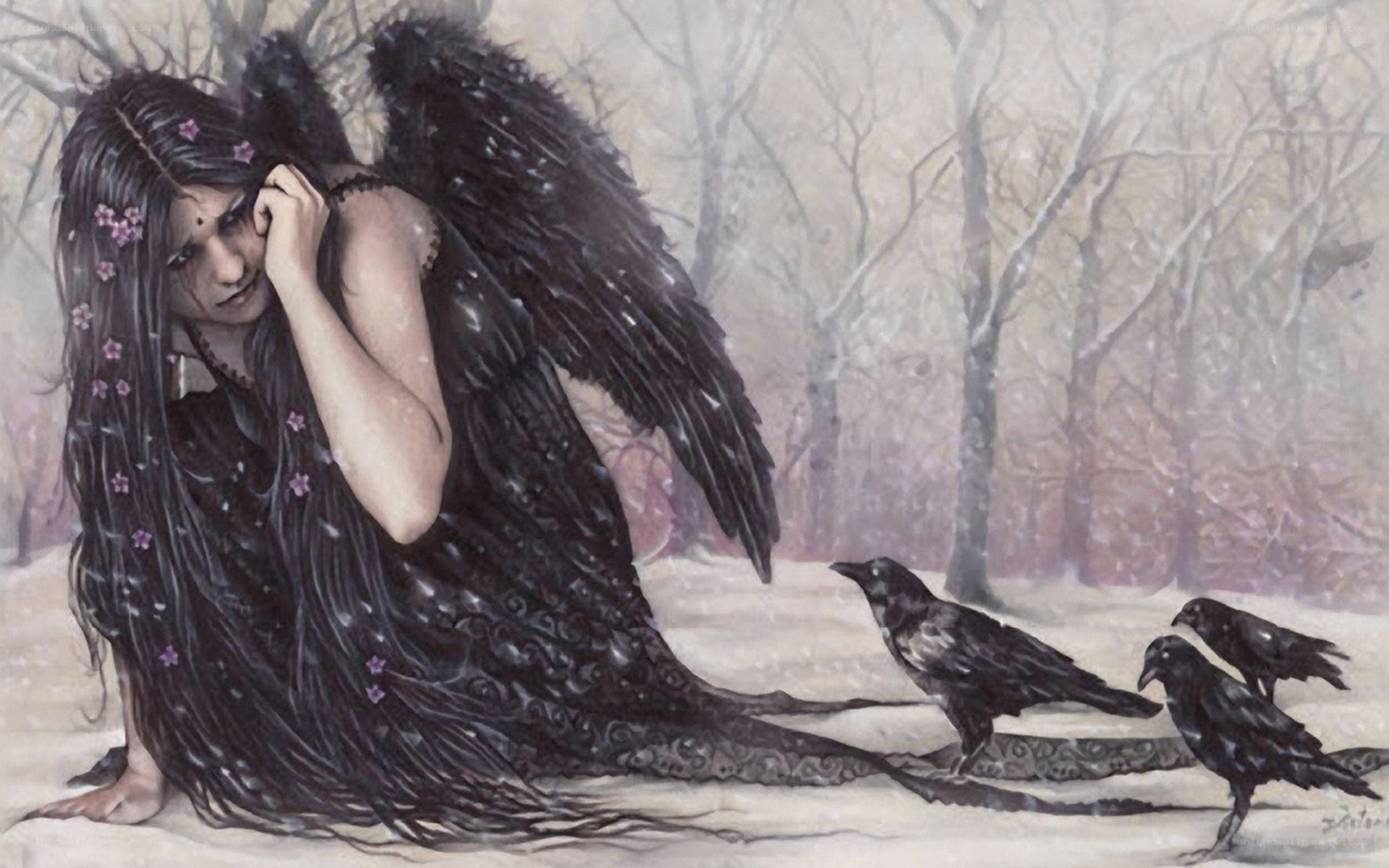 angel with black wings in snow