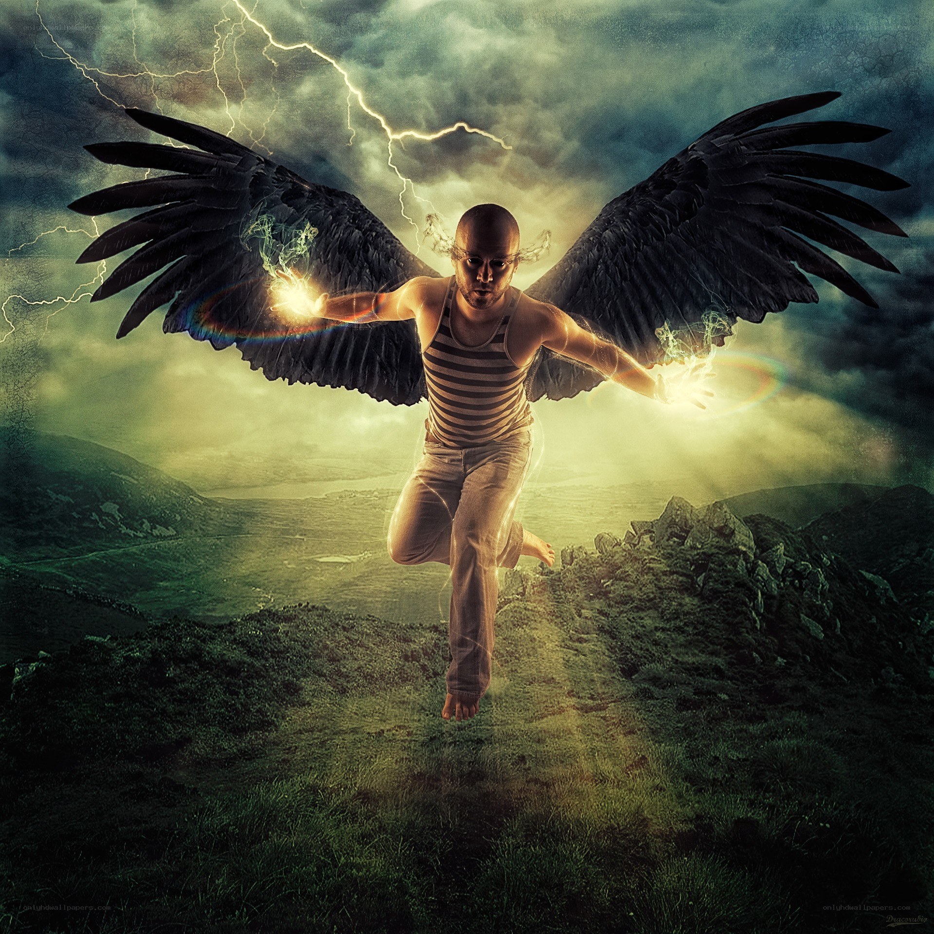 angel with black wings in storm