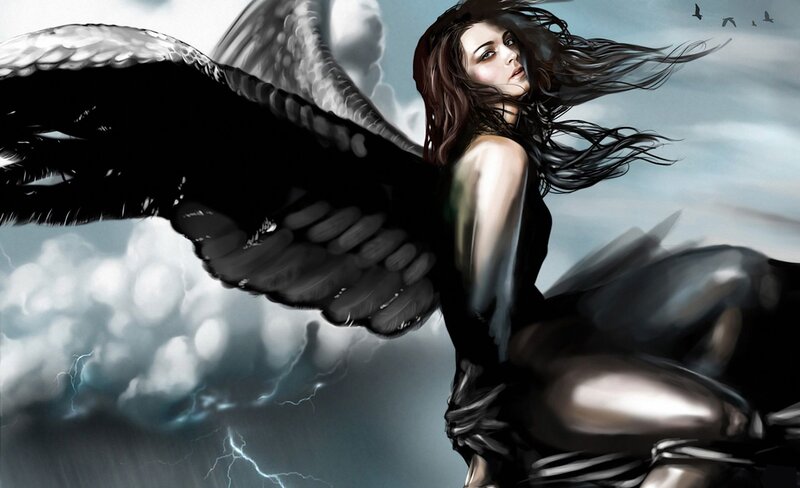 angel with black wings in storm