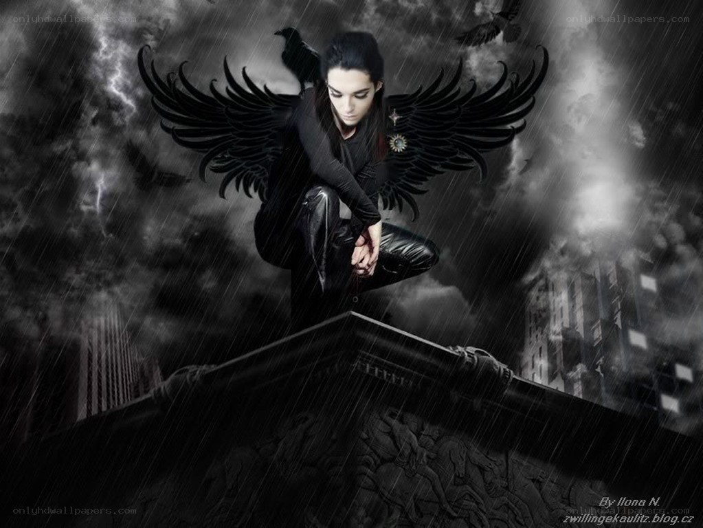 angel with black wings in storm