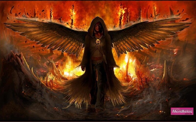 Angel with Black Wings — Orange, Dramatic, Digital Art