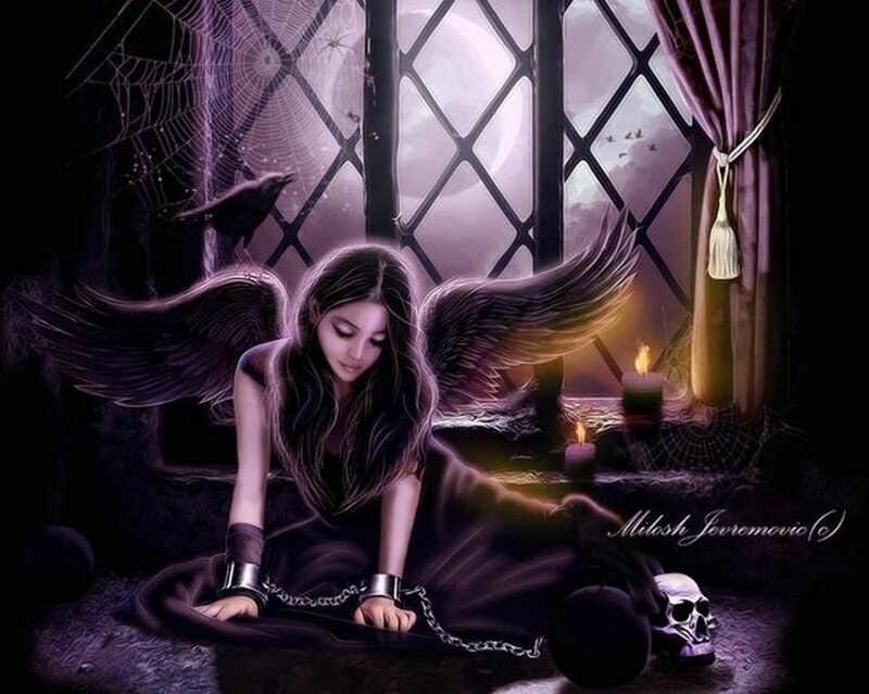 Angel with Black Wings — Purple, Dramatic, Night, Digital Art, Candle
