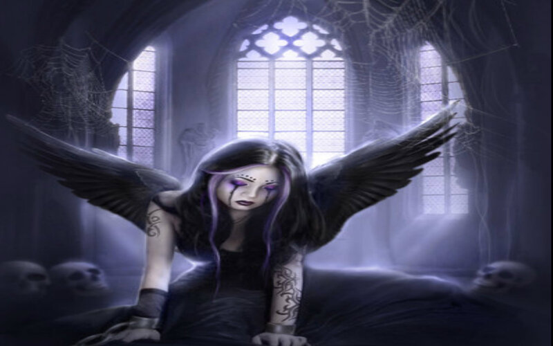 Angel with Black Wings — Purple, Dramatic, Night, Digital Art, Skulls