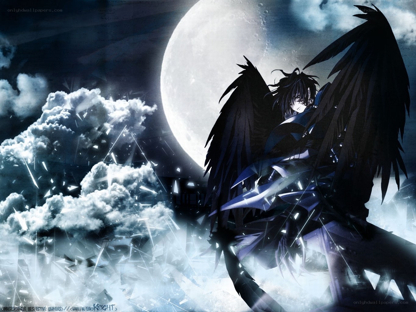 Angel with black wings under moon