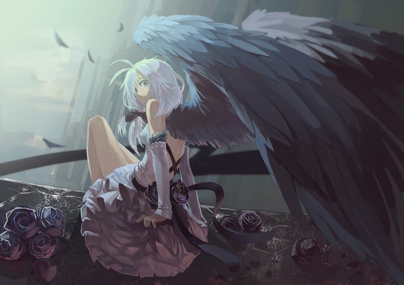 Angel with Black Wings — White, Dramatic, Digital Art, Roses