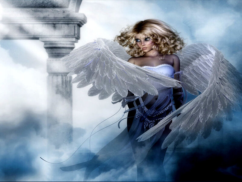 Angel with Blonde Hair — White, Dramatic, Digital Art, Wings, Clouds