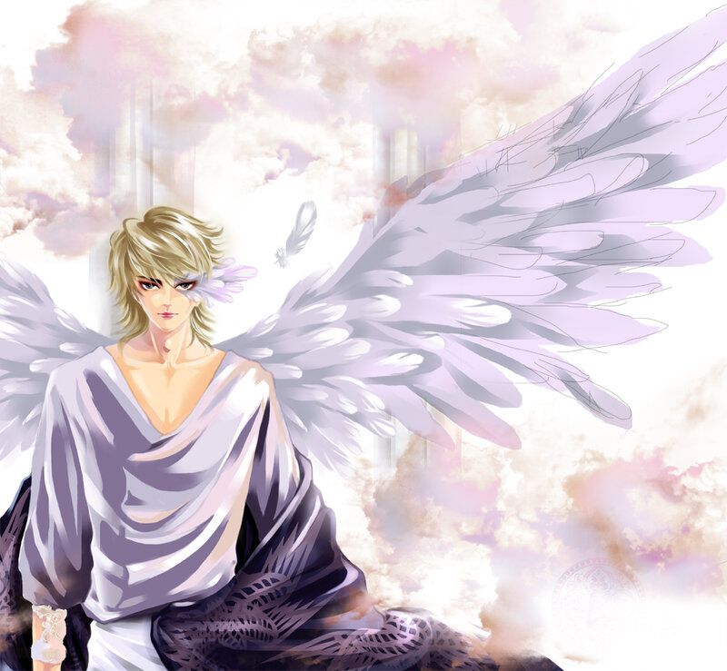 Angel with Blonde Hair — White, Serene, Digital Art, Wings, Feather