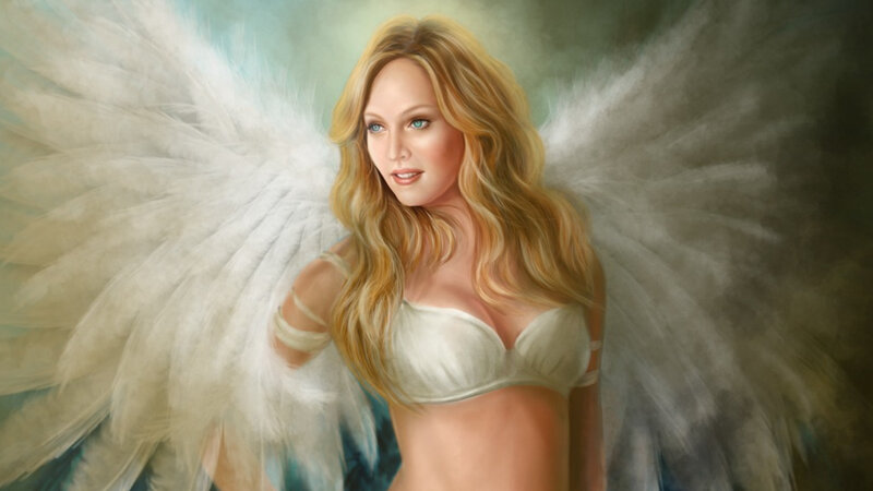Angel with Blonde Hair — White, Serene, Digital Art, Wings