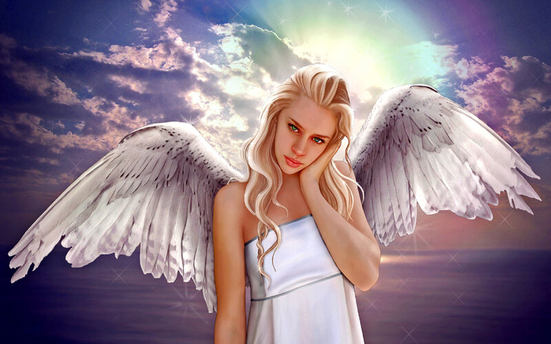 Angel with Blonde Hair — White, Serene, Sunset, Digital Art