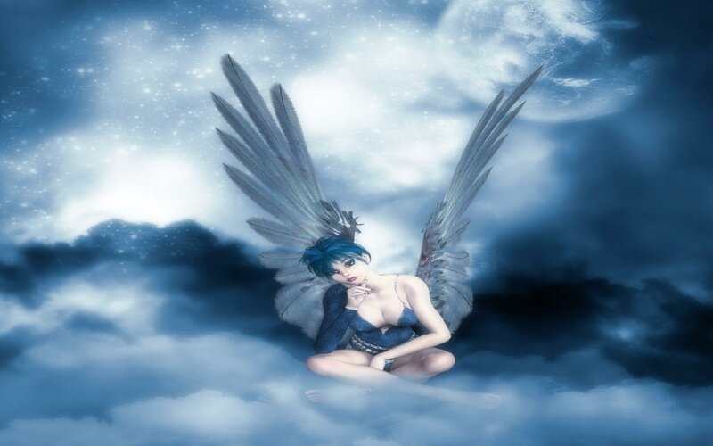 Angel with blue hair in clouds