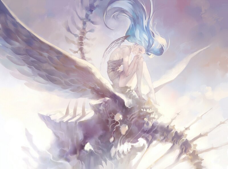 Angel with blue hair on a throne