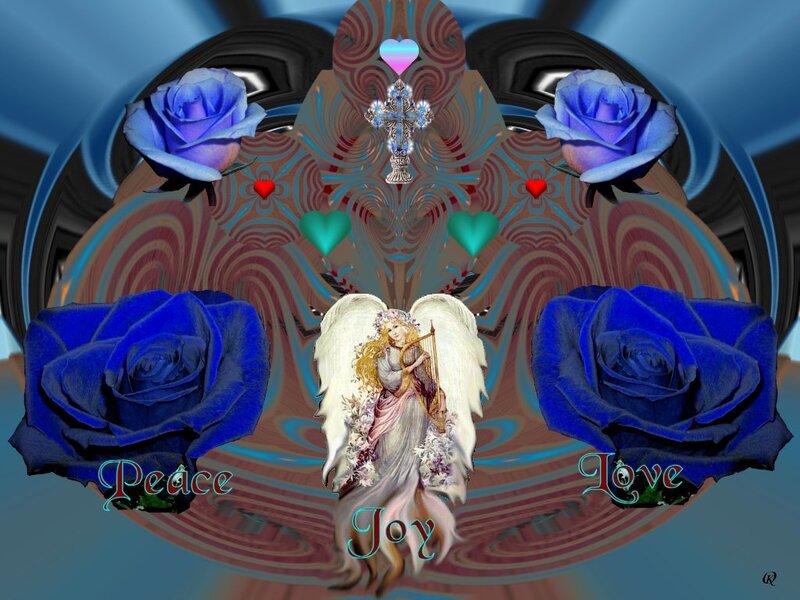 Angel with blue roses and symbols