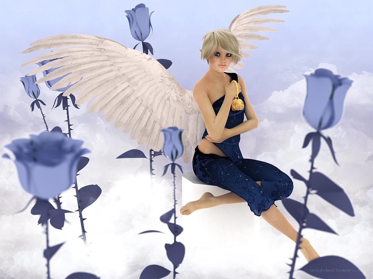 Angel with blue roses