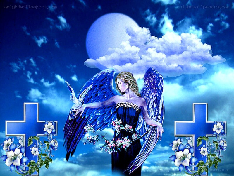 Angel with blue wings and crosses