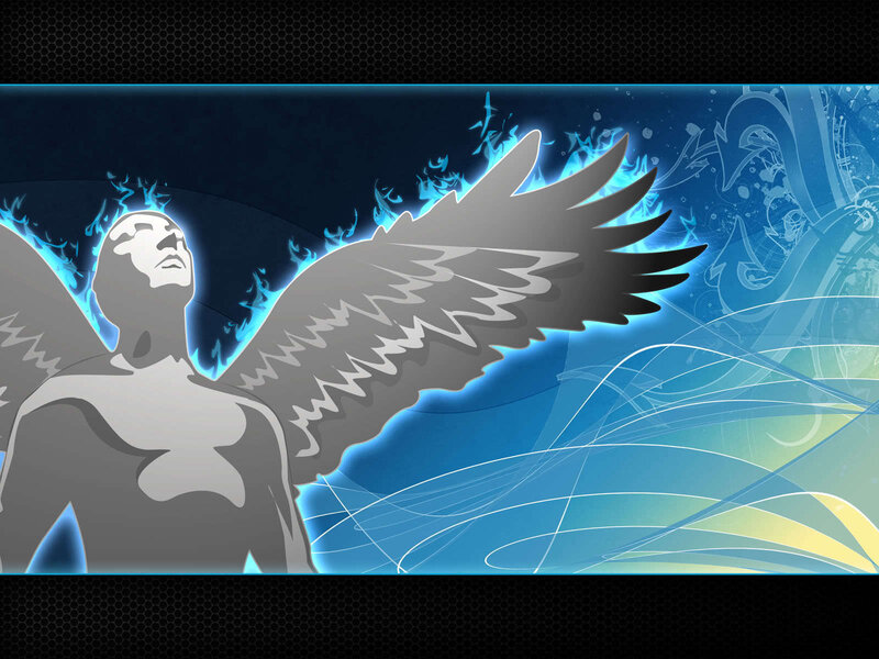 Angel with Blue Wings — Dramatic, Digital Art, Flames, Silhouette