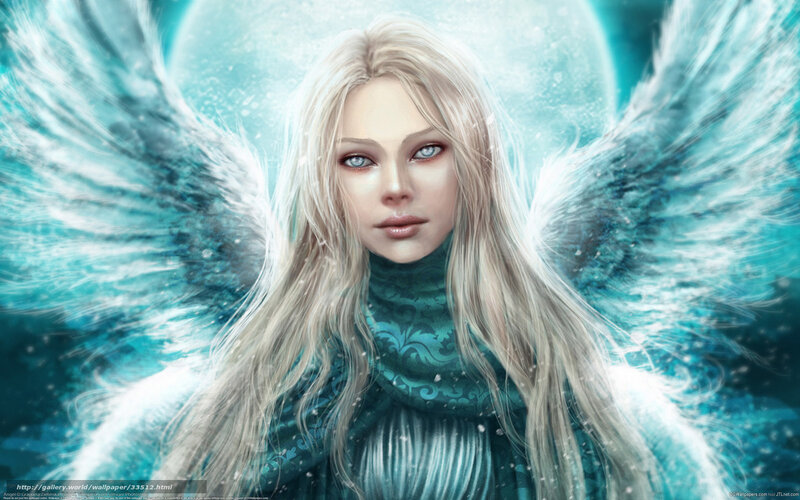 Angel with Blue Wings — Dramatic, Digital Art, Long Hair, Dress