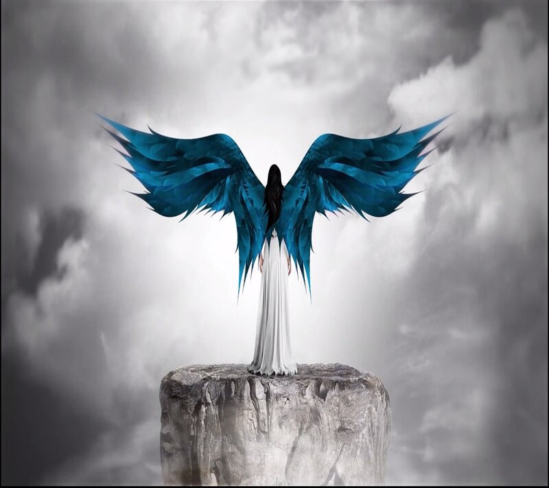 Angel with Blue Wings — Dramatic, Digital Art, Rocks