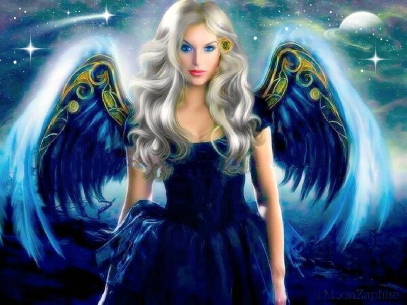Angel with Blue Wings — Dramatic, Night, Digital Art, Stars