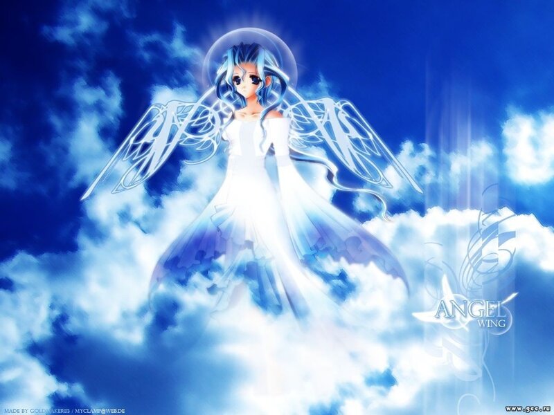Angel with blue wings in clouds