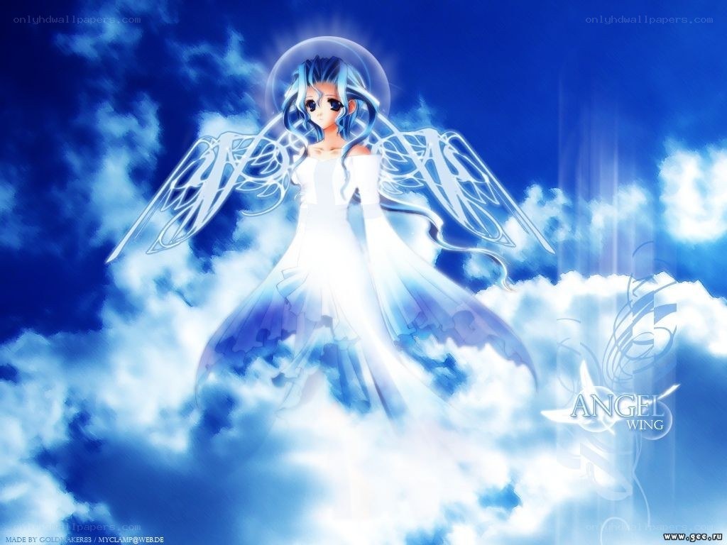Angel with blue wings in clouds