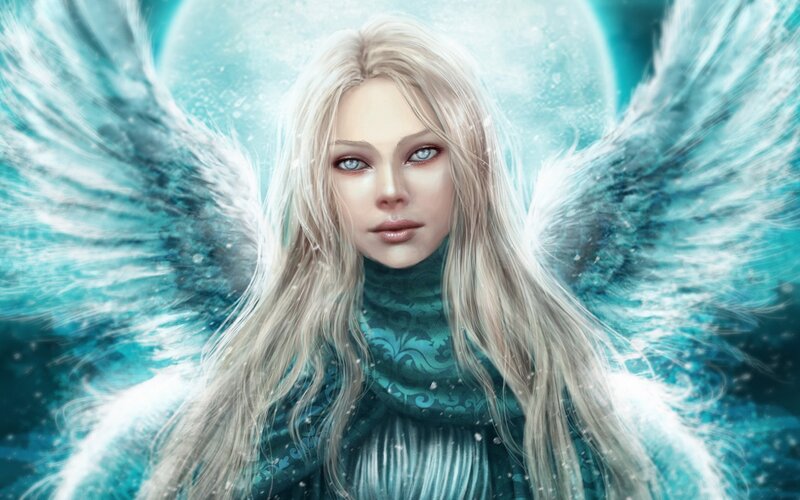 Angel with Blue Wings — Serene, Digital Art, Long Hair, Blue Eyes