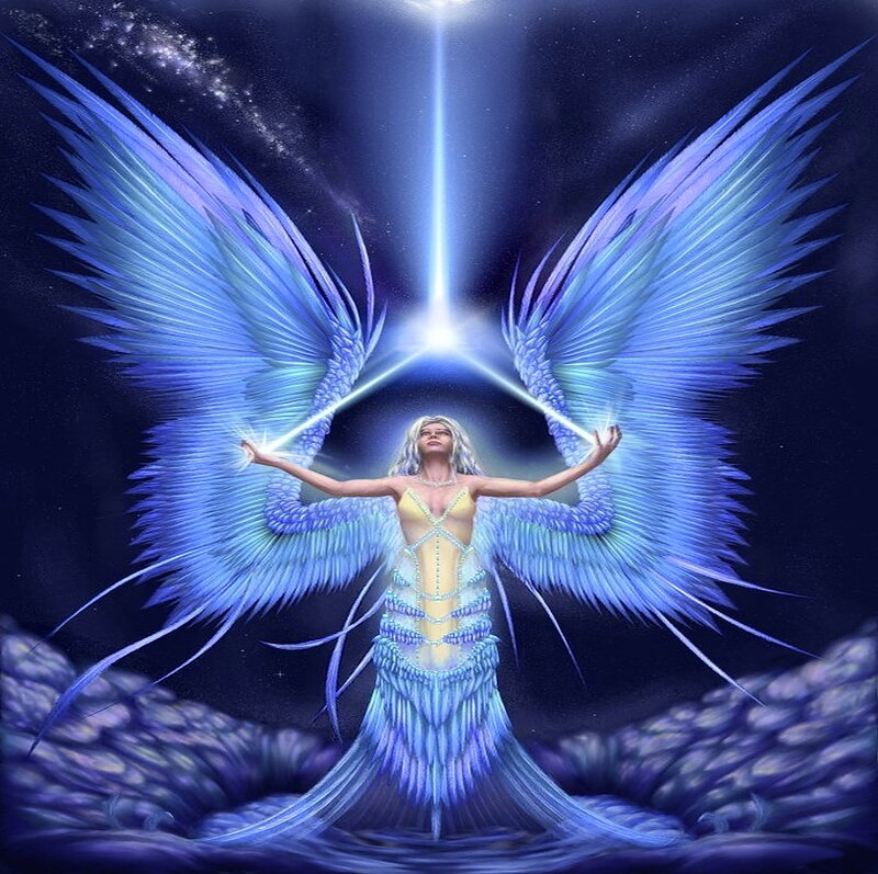 Angel with Blue Wings — Serene, Night, Digital Art, Light Beam