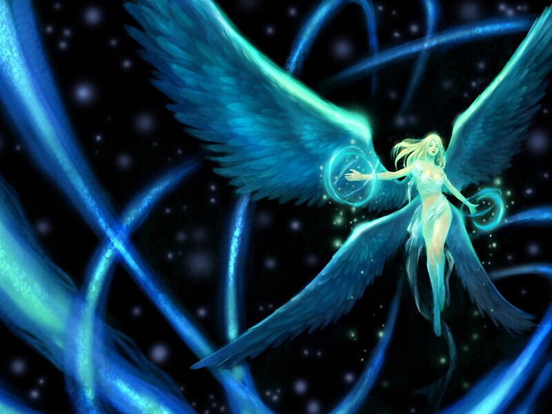 Angel with Blue Wings — Serene, Night, Digital Art, Light