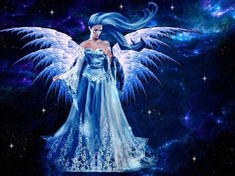 Angel with Blue Wings — Serene, Night, Digital Art