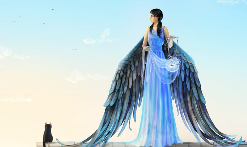 Angel with Blue Wings — Serene, Sunset, Digital Art, Cat