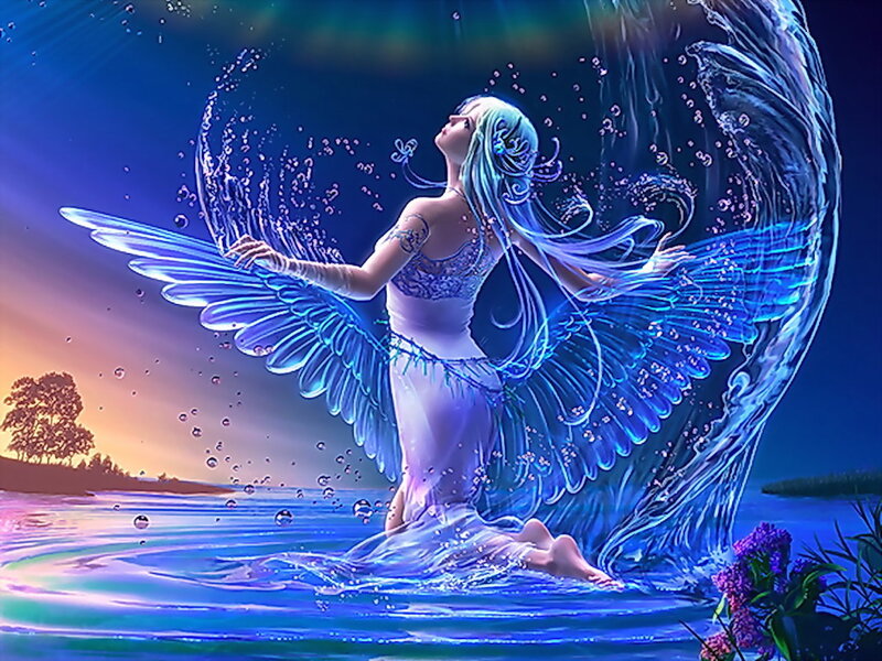Angel with Blue Wings — Serene, Sunset, Digital Art, Water, Flowers