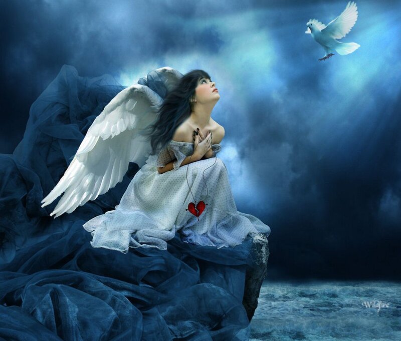 Angel with Broken Heart — Blue, Dramatic, Night, Digital Art, Dove