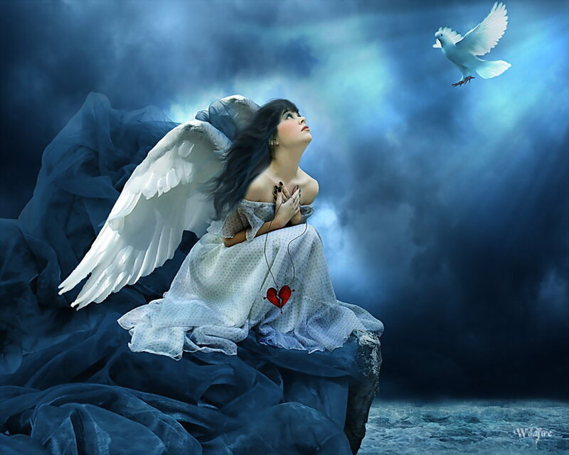 Angel with Broken Heart — Blue, Dramatic, Night, Digital Art
