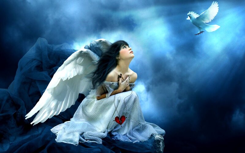 Angel with Broken Heart — Blue, Dramatic, Night, Digital Art, White Dove