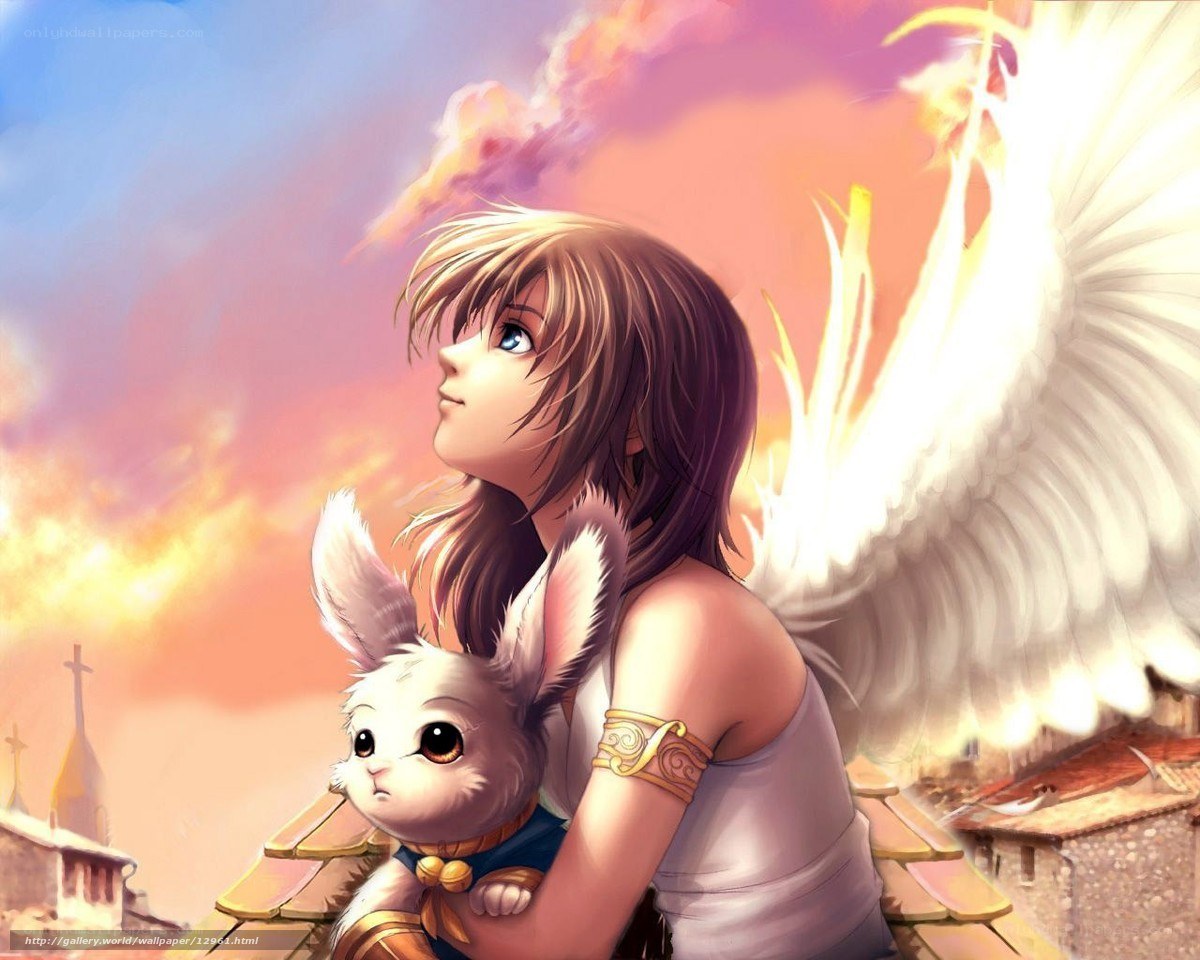 Angel with bunny on rooftop