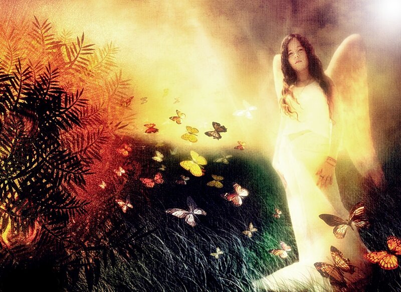 Angel with butterflies in golden light