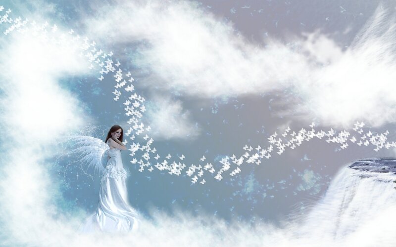 angel with butterflies in sky