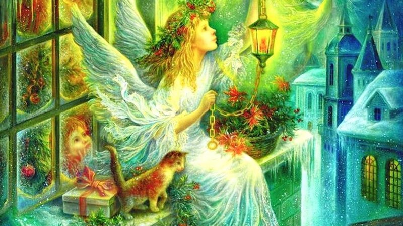 Angel with Cat on Windowsill — Green, Serene