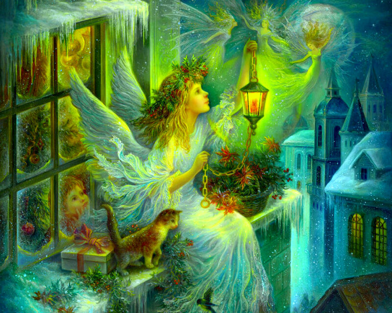 Angel with Cat on Windowsill — Green