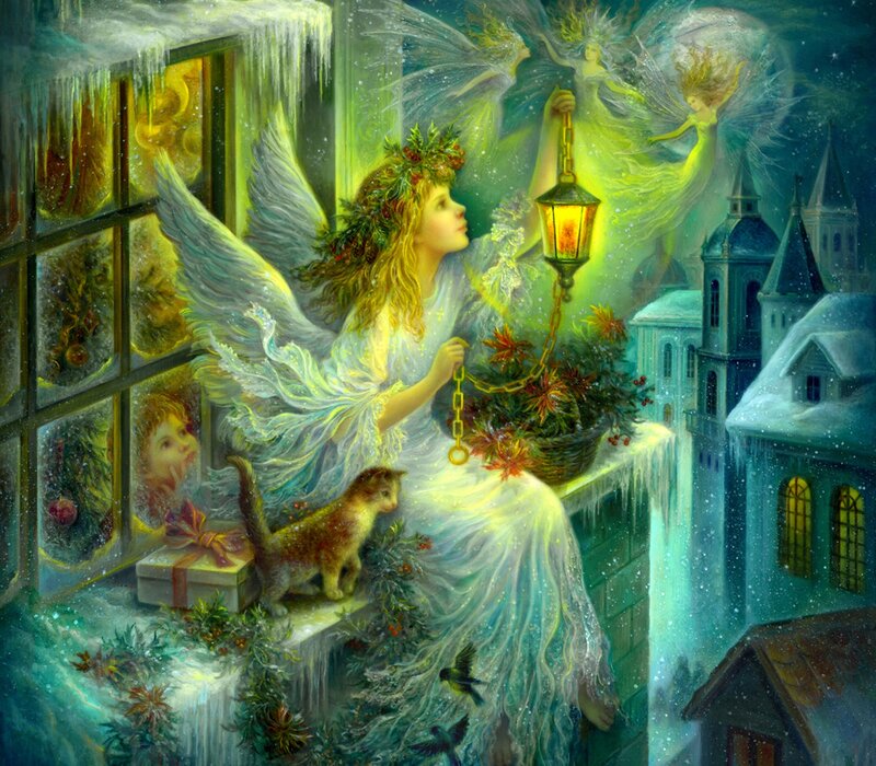 Angel with Cat on Windowsill — White, Serene