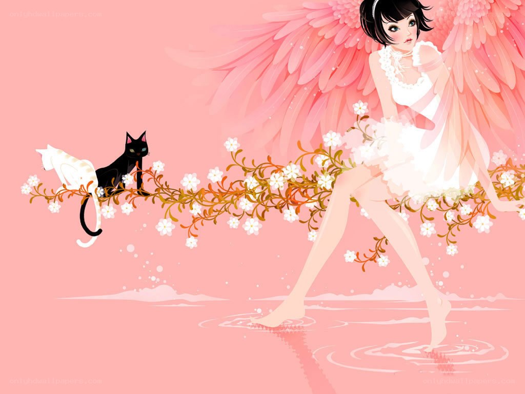 Angel with cats in pink scene
