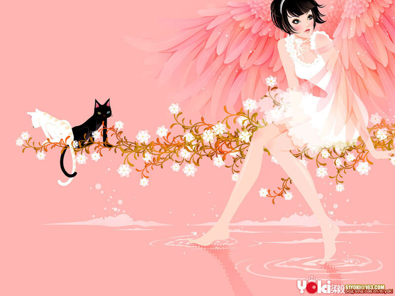 Angel with cats on a floral branch
