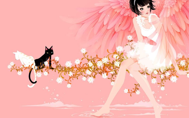 Angel with Cats — Pink, Serene, Digital Art